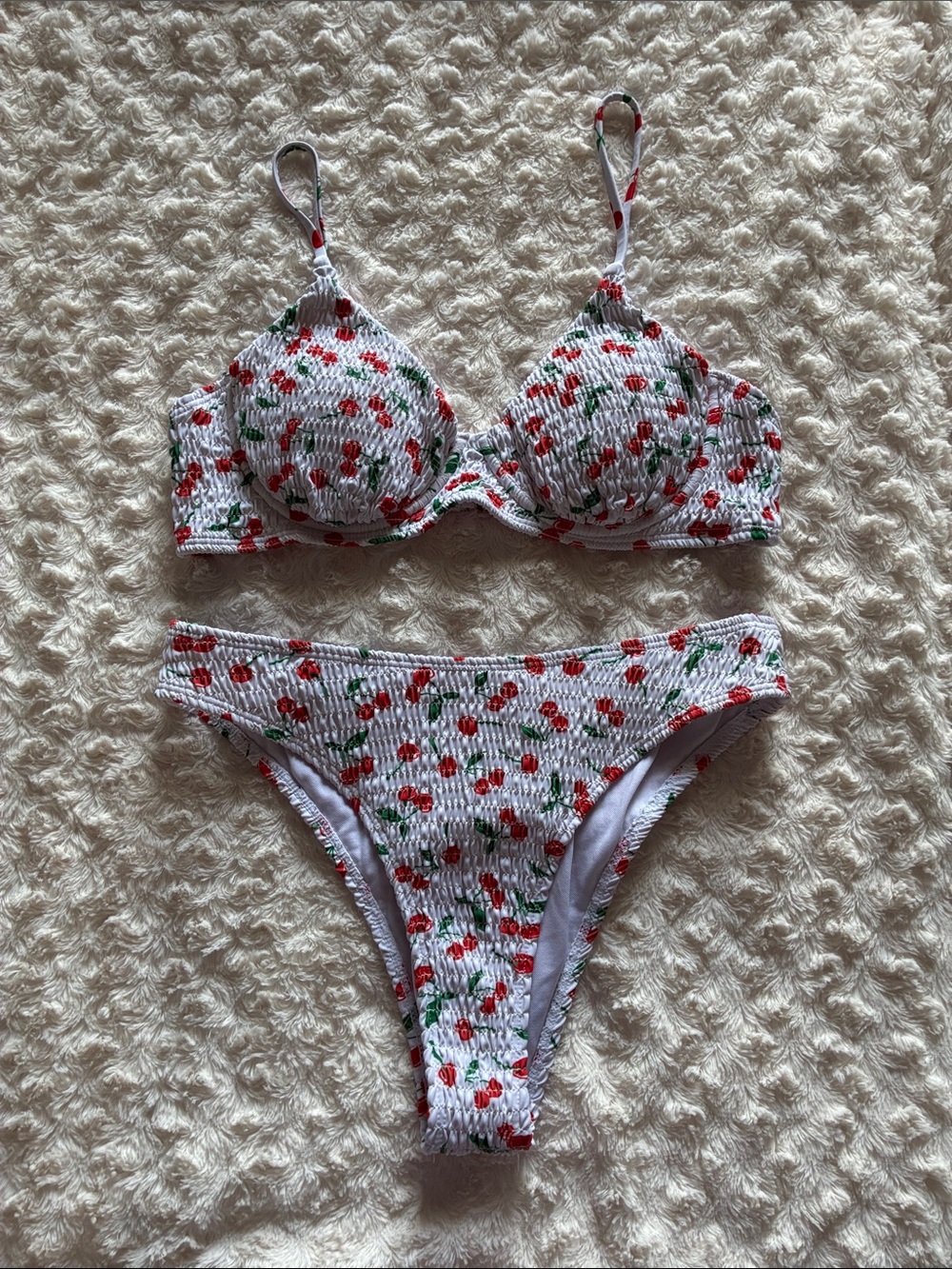 SHEIN White Cherry Print Underwire Bikini with Red Accents